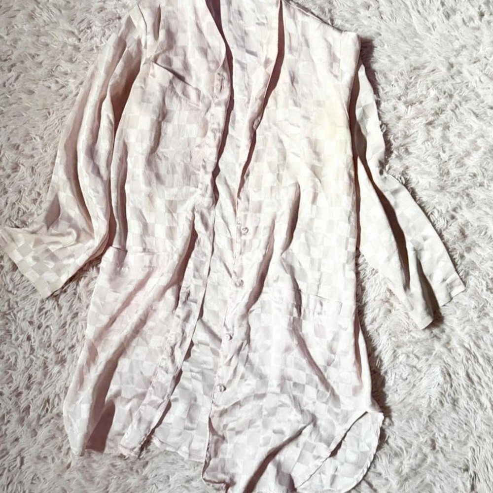 Vintage 70s Silky Jacquard Soft Girl Minimalist Checkered Shirt Dress Womens XS